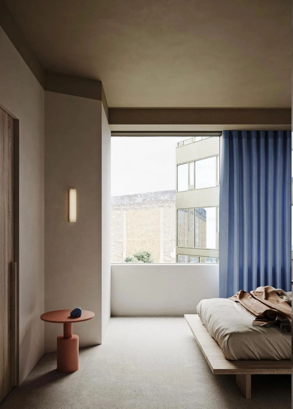 Bedroom with a blue curtain