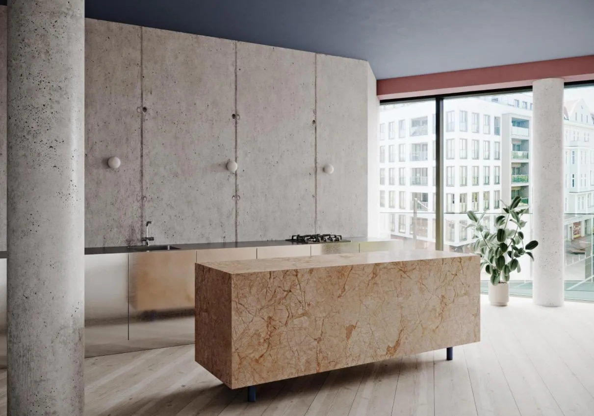 Concrete-wall kitchen with marble island