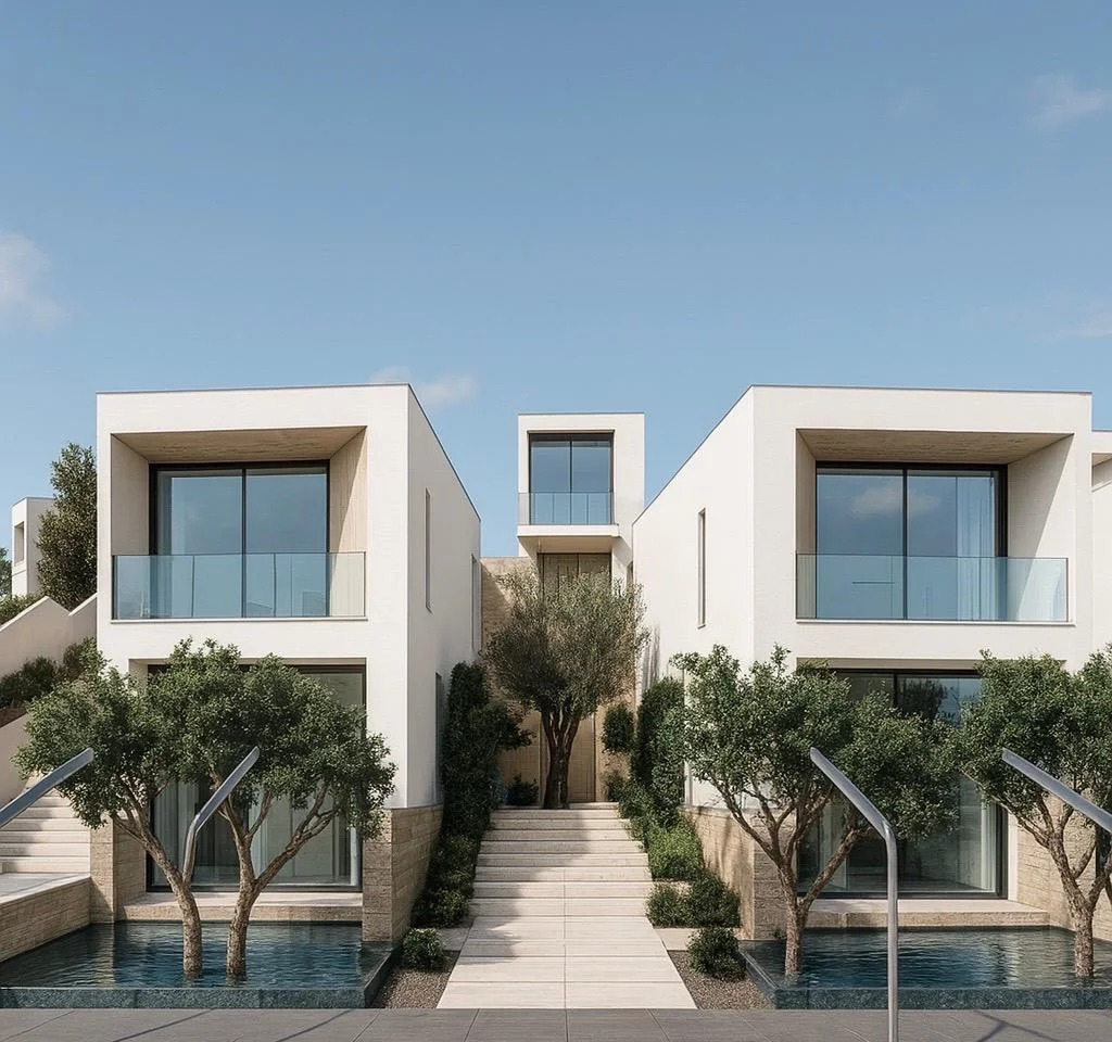 White-cube villas with olive trees