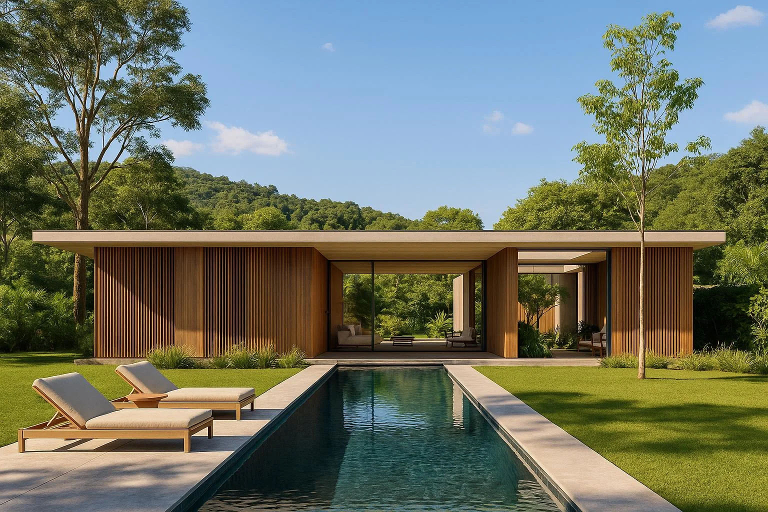 Timber-clad villa with a lap pool